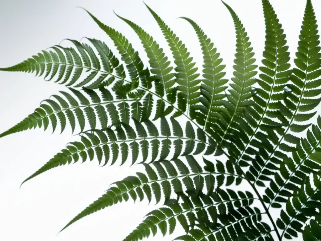 Detalle de helecho verde exuberante en fondo blanco, transmitiendo serenidad y mostrando los beneficios de las plantas de interior para la salud