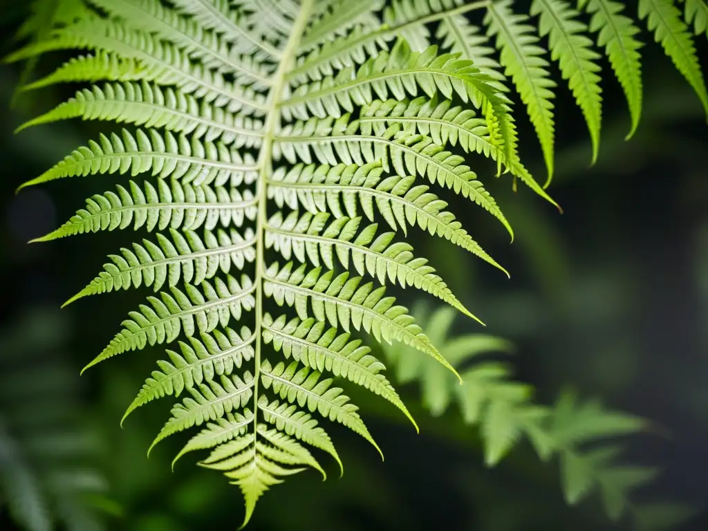 Detalle de helecho verde exuberante con patrones de venas y esporas, adaptaciones de plantas a poca luz