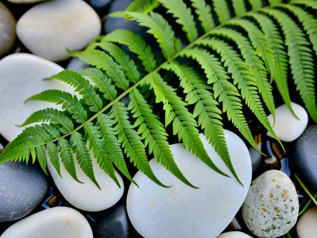 Detalle de helecho verde exuberante sobre rocas blancas con iluminación creativa para plantas de interior, evocando serenidad y elegancia