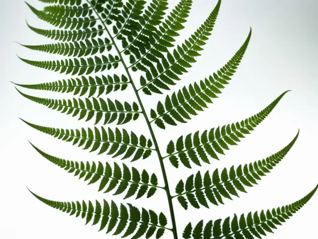 Detalle de helecho verde sobre fondo blanco, composición fotográfica plantas interiores