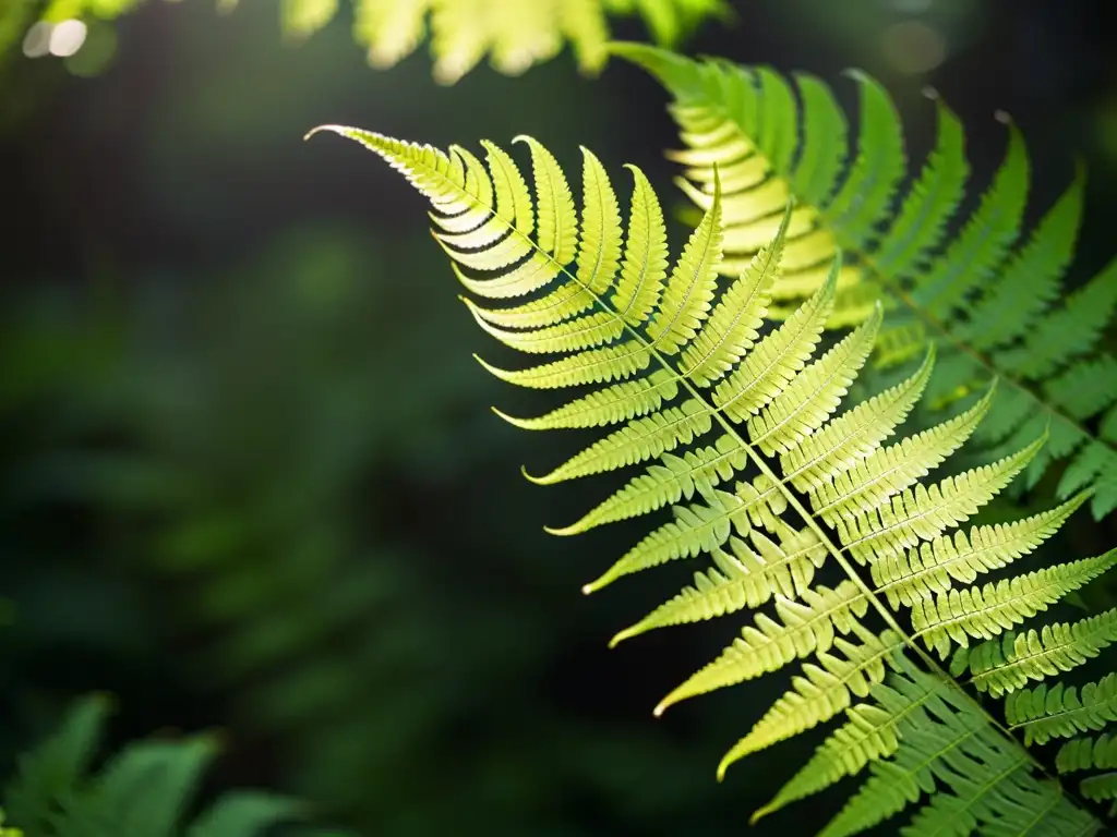 Detalle de helecho verde en un frondoso bosque, adaptaciones de plantas a poca luz