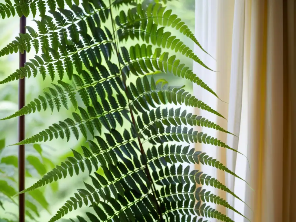 Detalle exquisito de helecho verde en luz suave Detalle de helecho verde con hojas delicadas desplegándose, iluminado por luz natural a través de una cortina