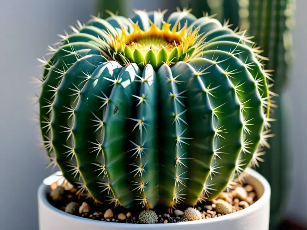 Detalle de un cactus Echinopsis verde en maceta blanca con sustrato de calidad