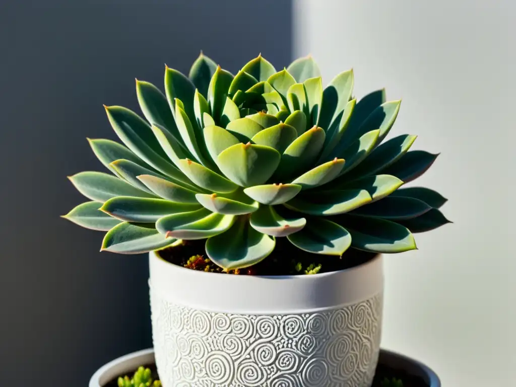 Detalle de sedum verde en maceta blanca, refugio ecológico para aves, con patrones y texturas naturales resaltados por la luz solar