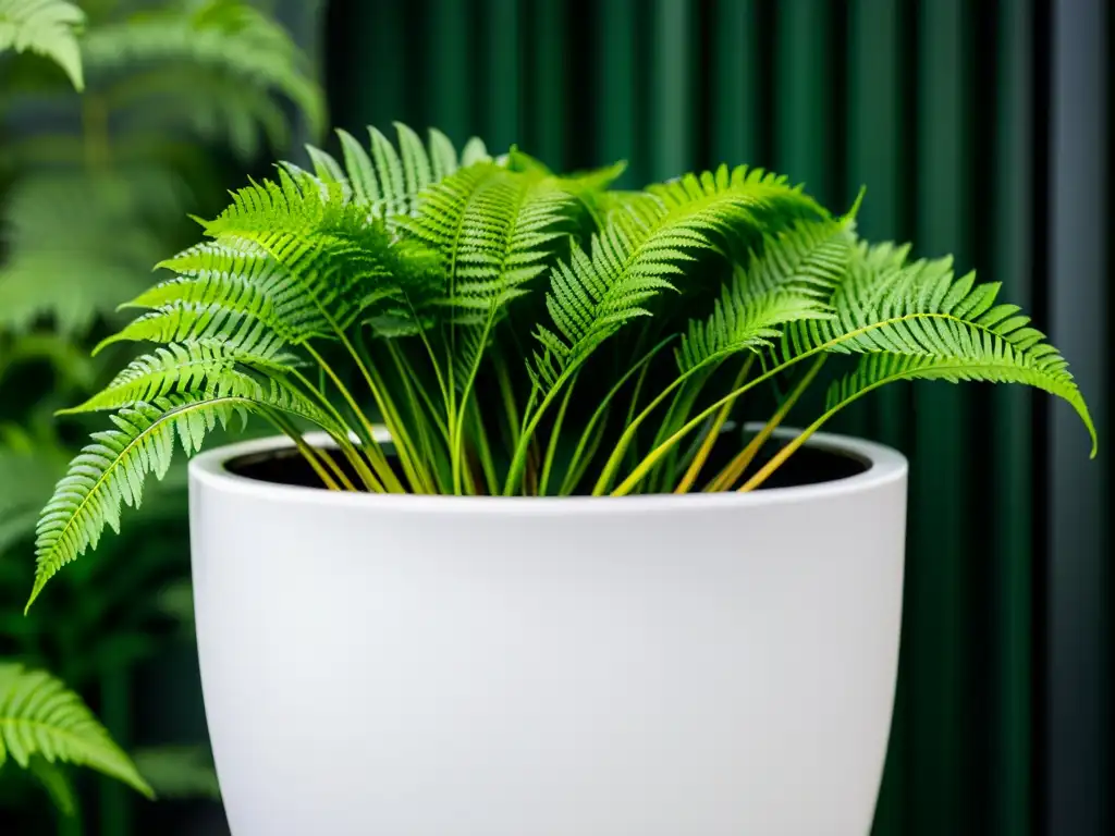 Detalle de helecho verde en maceta blanca moderna