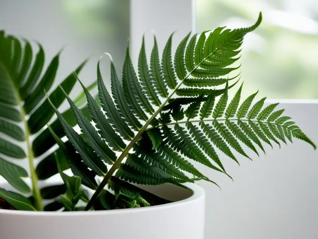 Detalle de helecho verde en moderna maceta blanca, evocando serenidad y cuidado de plantas de interior en techos verdes