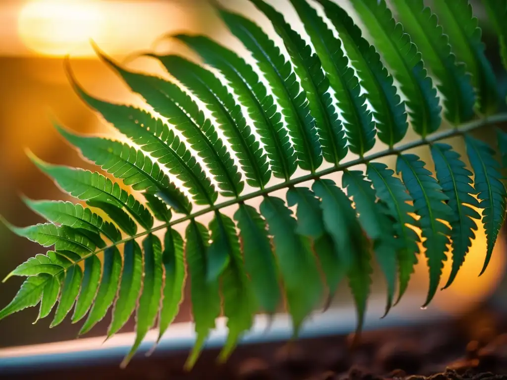 Detalle de helecho verde en terrario iluminado, creando un efecto etéreo