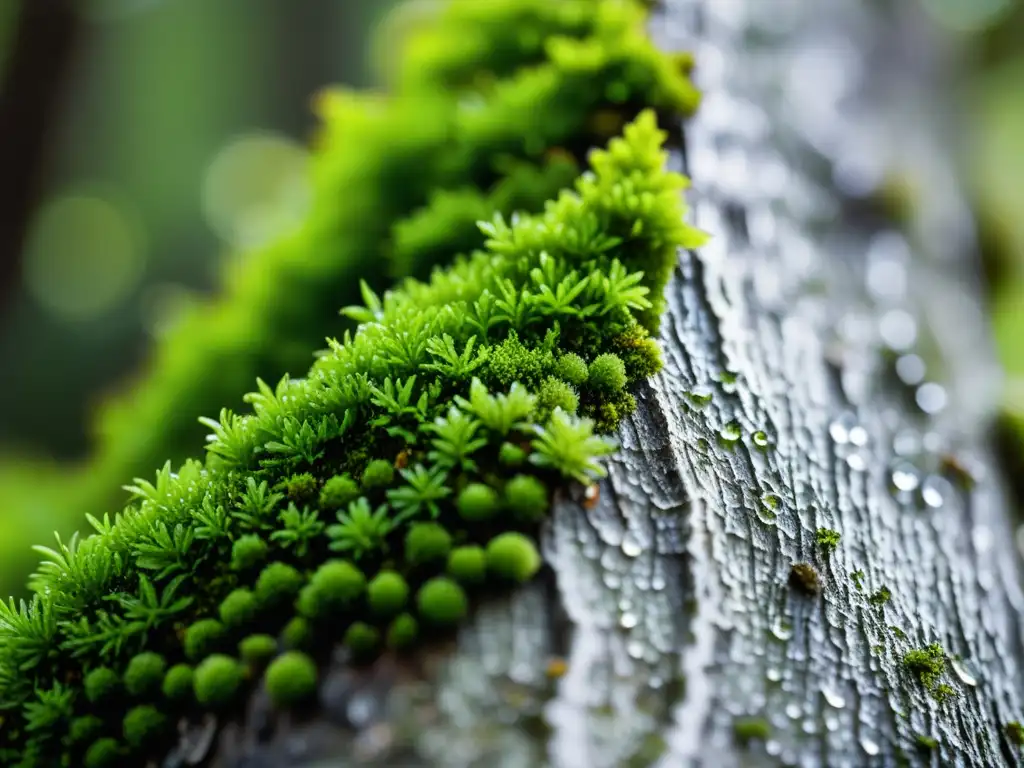 Detalle de musgo verde vibrante en árbol rugoso, explorando texturas y colores plantas en la naturaleza