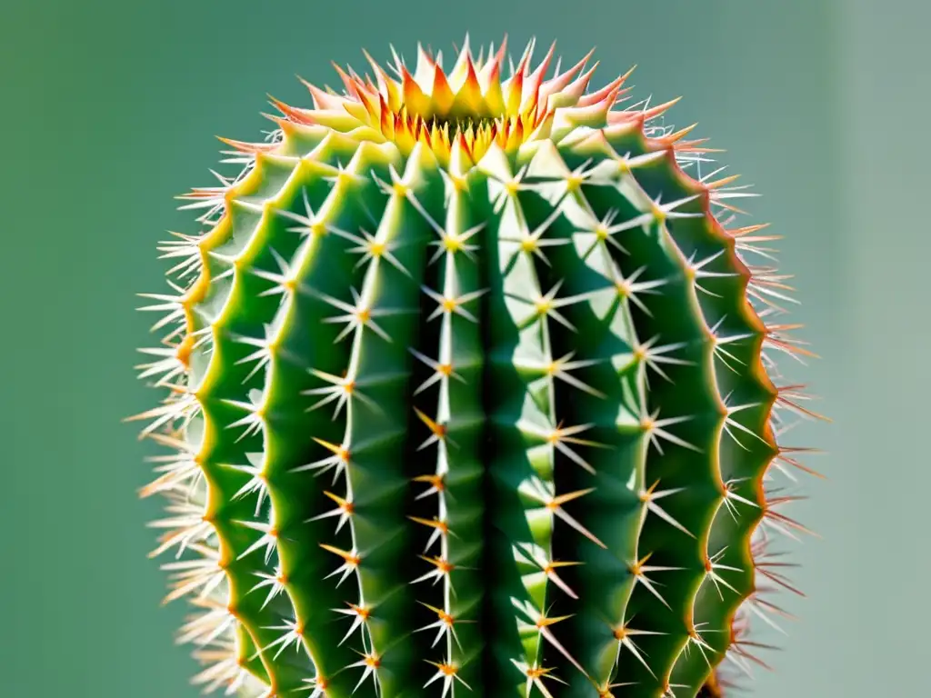 Detalle de un cactus verde vibrante con espinas intrincadas en un fondo blanco