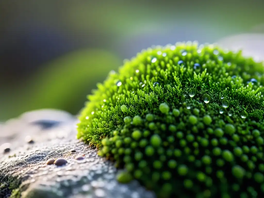 Detalle ultrarresolución de musgo verde vibrante en una piedra texturizada, evocando belleza natural y resiliencia