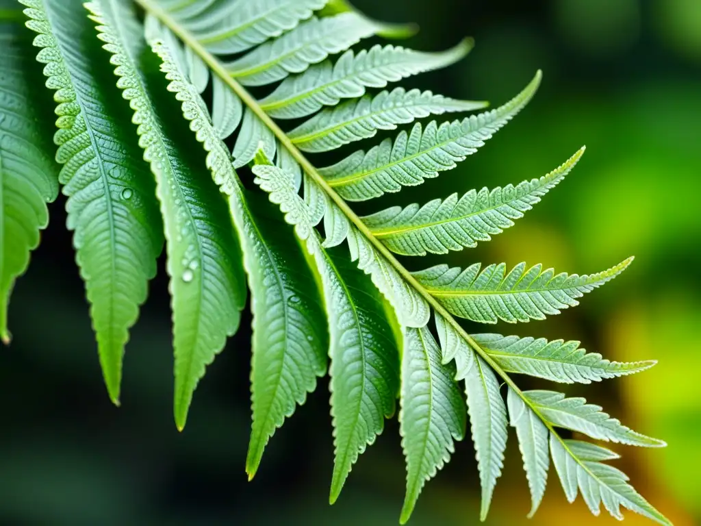 Detalle de helecho verde vibrante con venas delicadas y gotas de agua, propiciando una sensación de frescura y calma