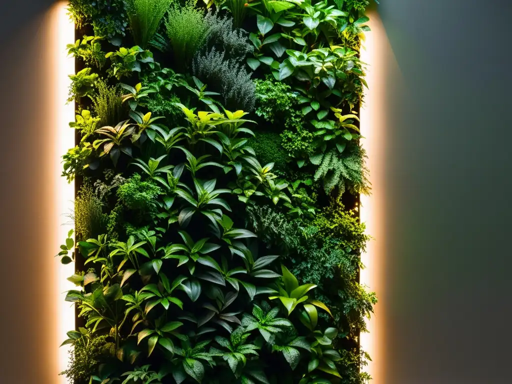 Detalle de iluminación para jardines verticales interiores con moderno foco LED resaltando la exuberante vegetación