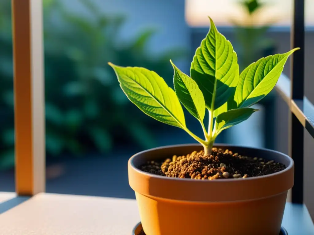 Detalle de un vibrante cultivo de ginseng en balcón, con hojas texturizadas, suelo fértil y luz solar, transmitiendo armonía y tranquilidad