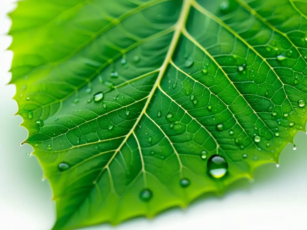 Detalle vibrante de una hoja verde con gotas de agua, en un fondo blanco