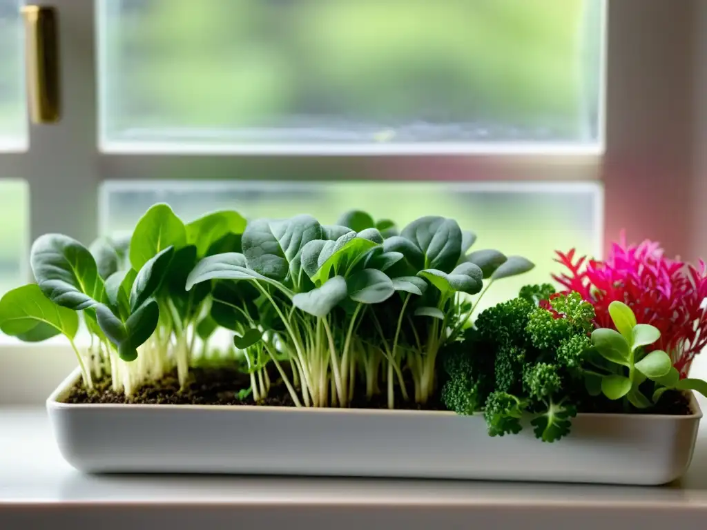 Detalle vibrante de microvegetales como kale, brócoli y rábano cultivados en bandejas en una ventana soleada, mostrando belleza y potencial