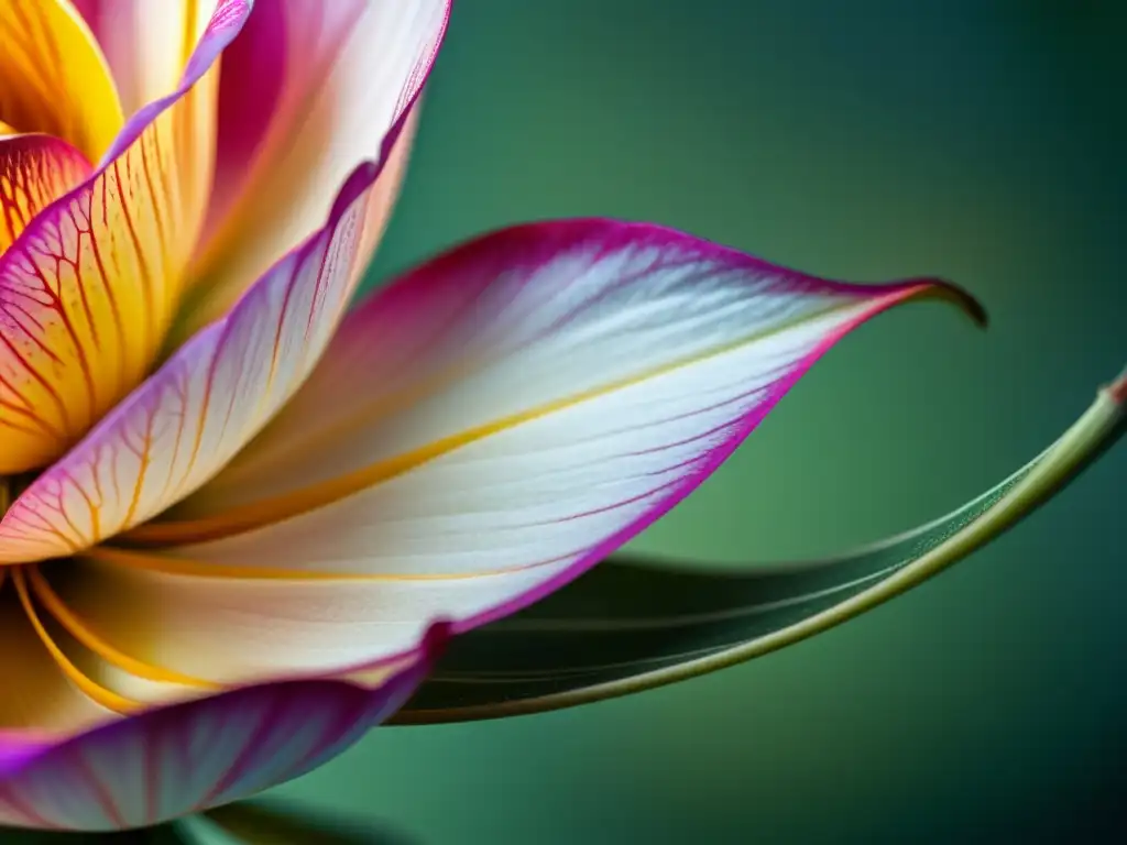 Detalle vibrante de un pétalo de flor con venas y vellos finos, iluminado suavemente