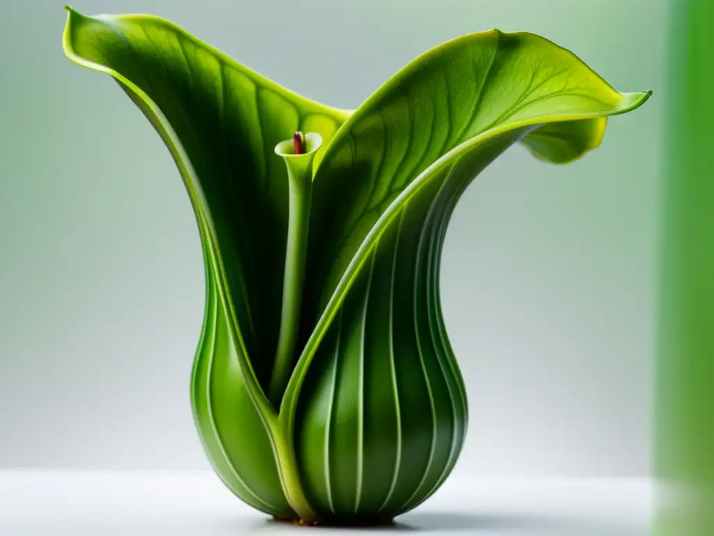 Detalle vibrante de una planta carnívora verde con gotas de rocío y técnicas de riego destacadas