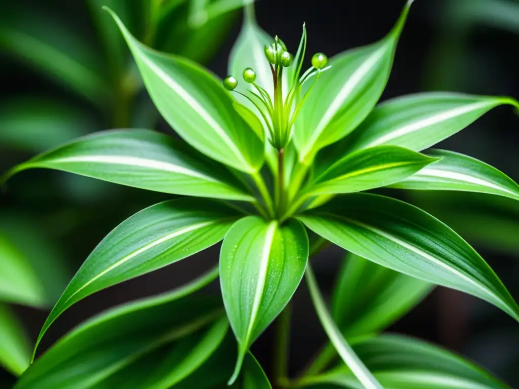 Detalle vibrante de planta araña verde con hojas arqueadas adornadas con patrones intrincados