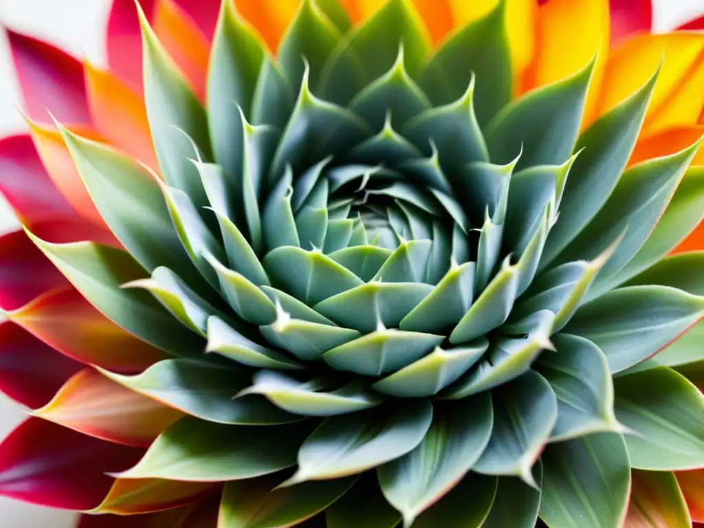 Detalle de bromelia aérea vibrante y saludable en un fondo blanco, resaltando sus intricadas hojas y patrón central