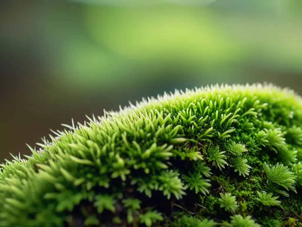 Detalle de musgo verde vibrante en superficie porosa, iluminado por luz natural