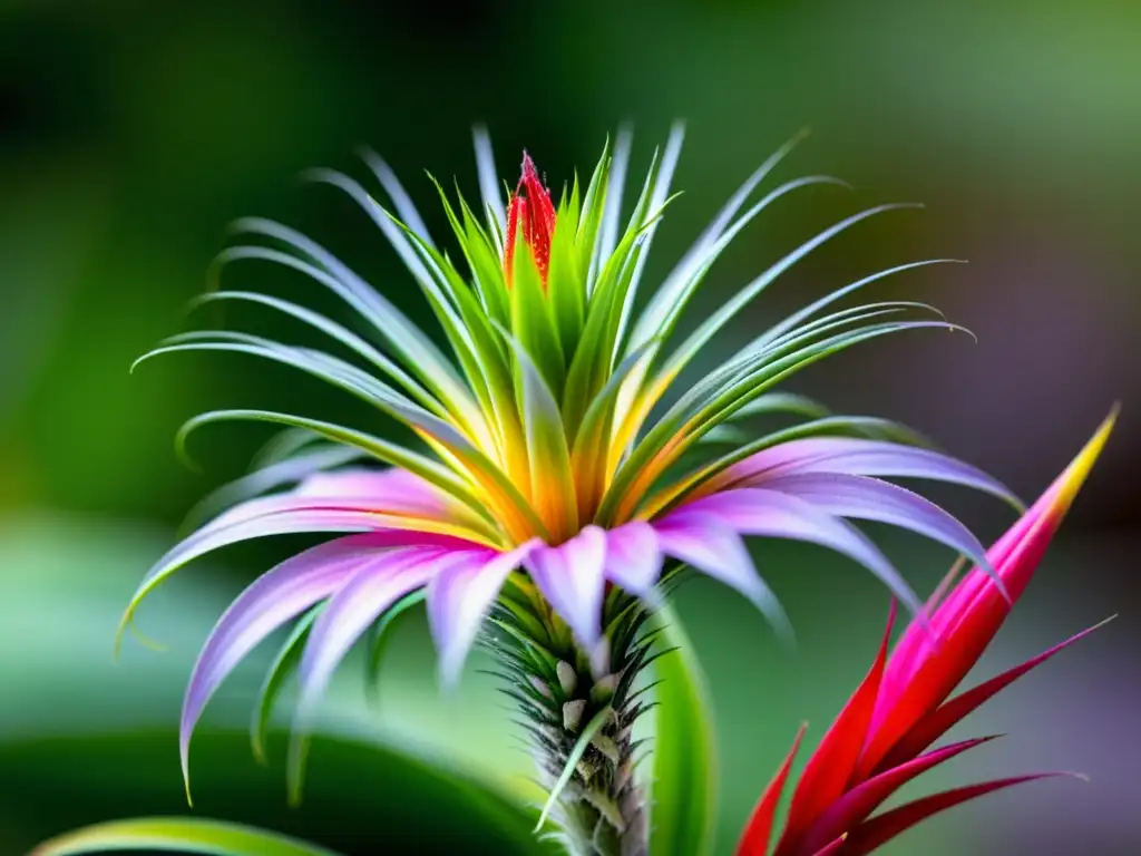 Detalle vibrante de la temporada de floración plantas aéreas, con delicadas flores de Tillandsia en primer plano