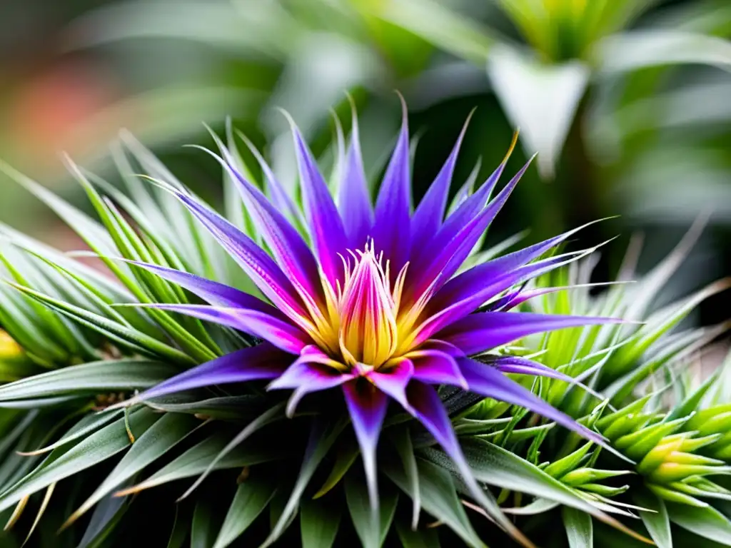 Detalle vibrante de Tillandsia ionantha en plena floración con flores rosadas y moradas