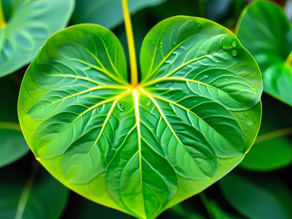 Anthurium verde con gotas de agua: belleza natural en detalle Detalle vibrante de Anthurium verde con hojas brillantes en forma de corazón