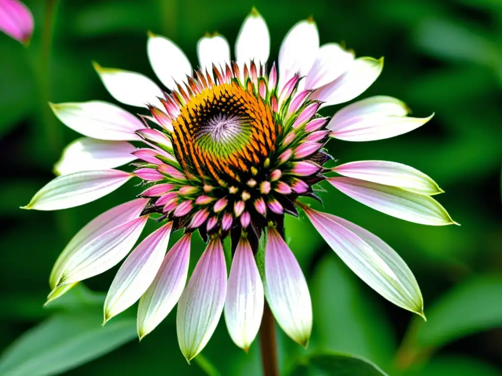 Detalle vibrante de una Echinacea verde con pétalos morados, reflejando su belleza natural