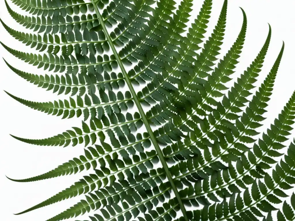 Detalle vívido de helecho verde exuberante en fondo blanco