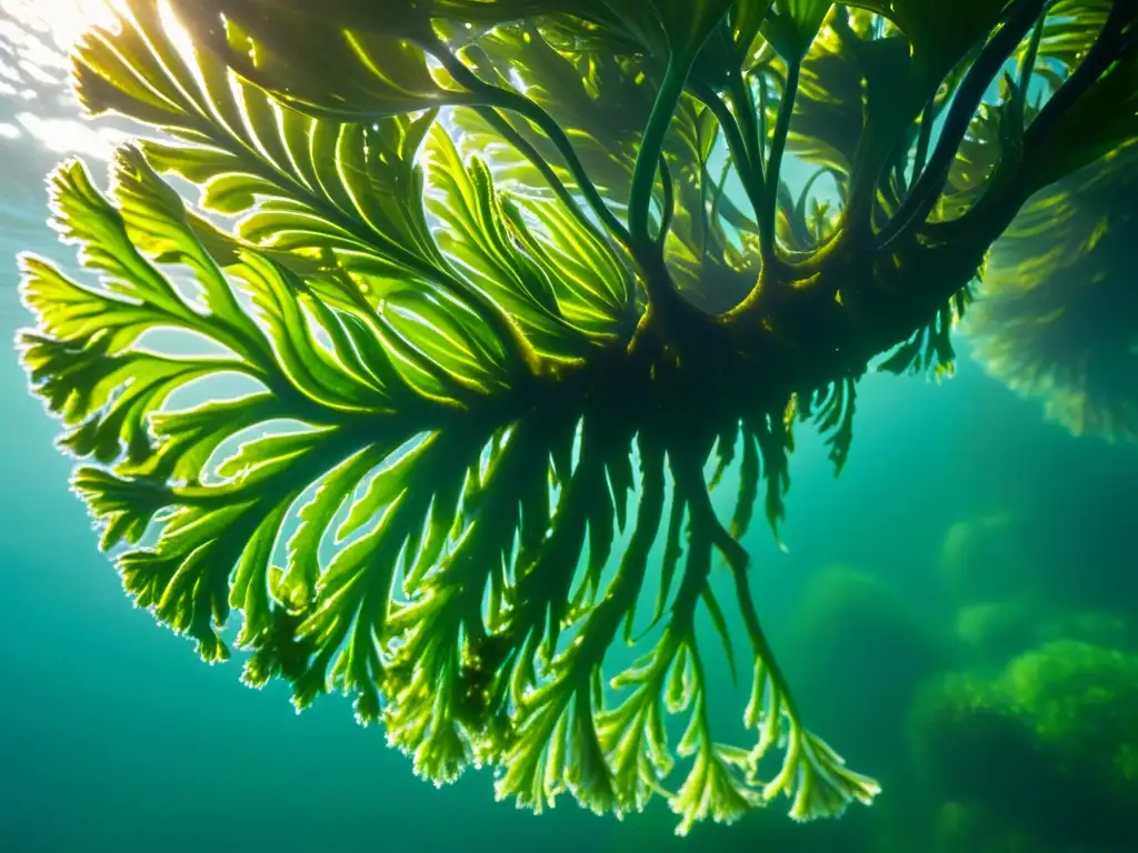 Detalles de algas marinas verdes vibrantes en aguas cristalinas, mostrando su potencial como fertilizante natural para plantas de interior