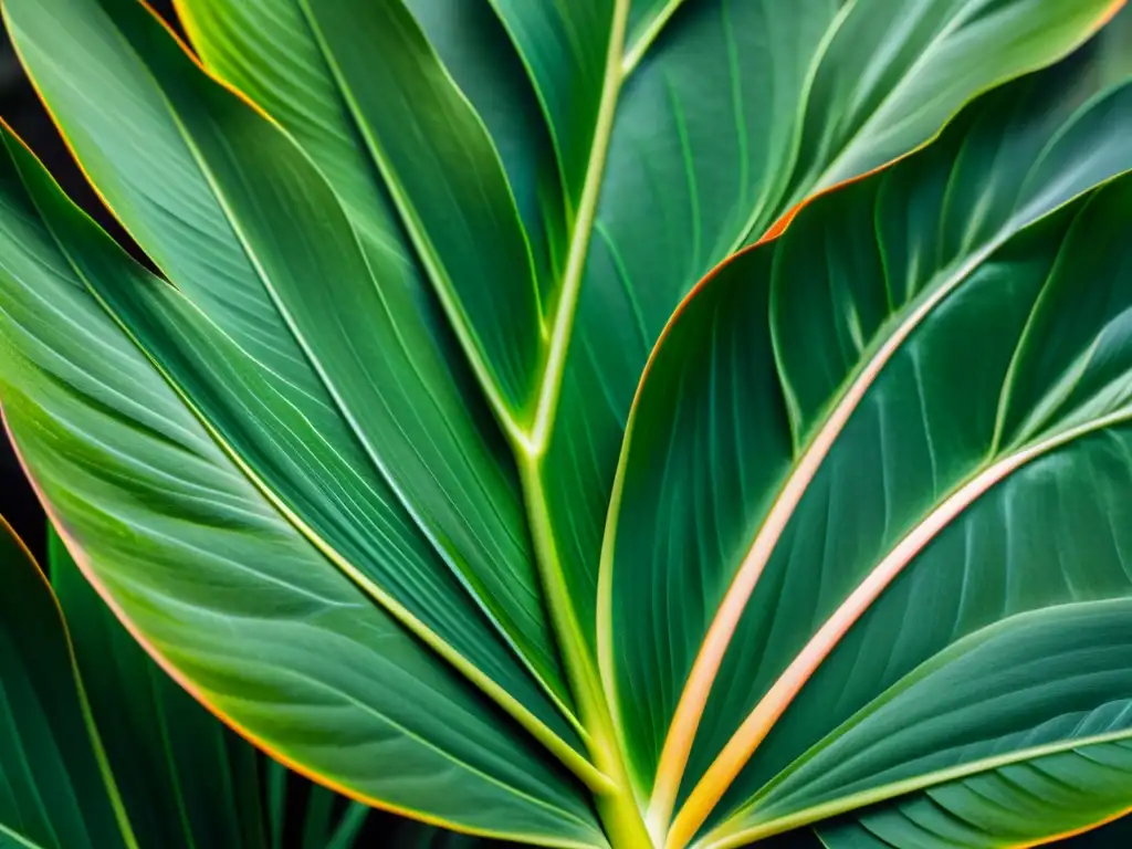 Detalles en alta resolución de una hoja de Strelitzia Reginae, mostrando sus patrones y texturas en verde intenso iluminados por luz natural