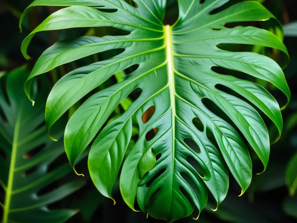 Detalles asombrosos de una exuberante planta monstera deliciosa, desplegando sus hojas en espiral