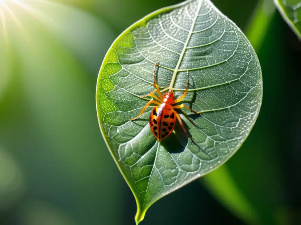 Detalles asombrosos de una hoja de planta interior verde vibrante con telarañas y ácaros rojos