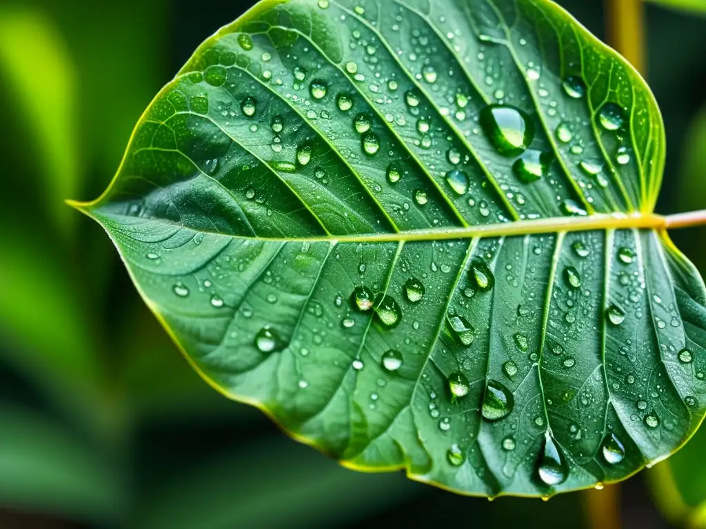 Detalles asombrosos de una hoja de planta interior verde exuberante con gotas de agua, mostrando la transpiración de las plantas de interior