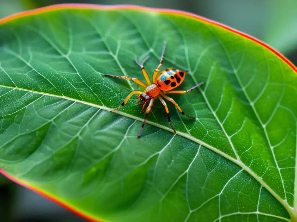 Detalles asombrosos de una hoja de planta con ácaros rojos y telarañas