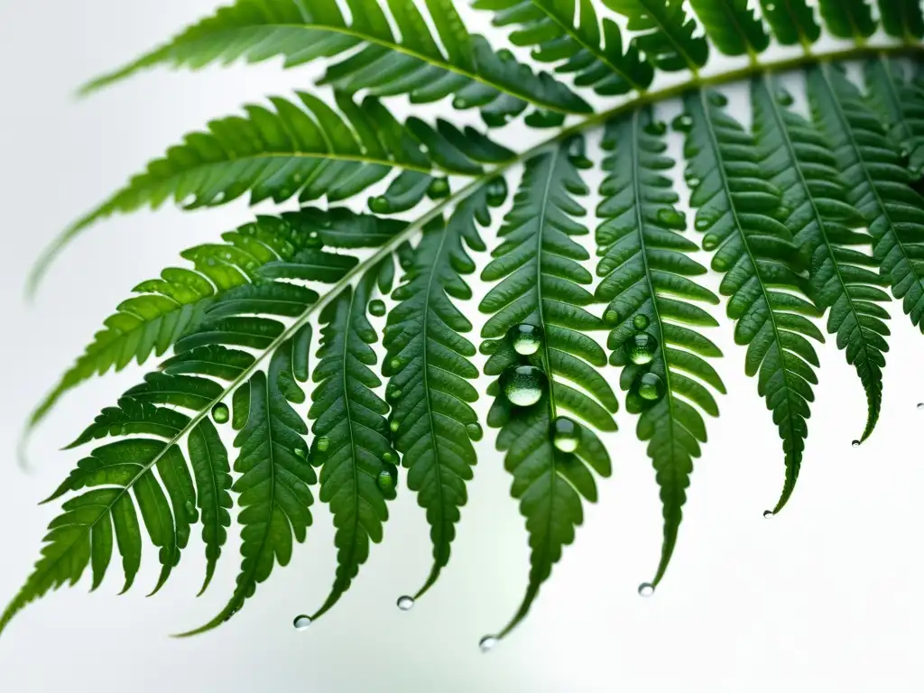 Detalles asombrosos de una hoja de helecho verde vibrante con gotas de agua, sobre fondo blanco