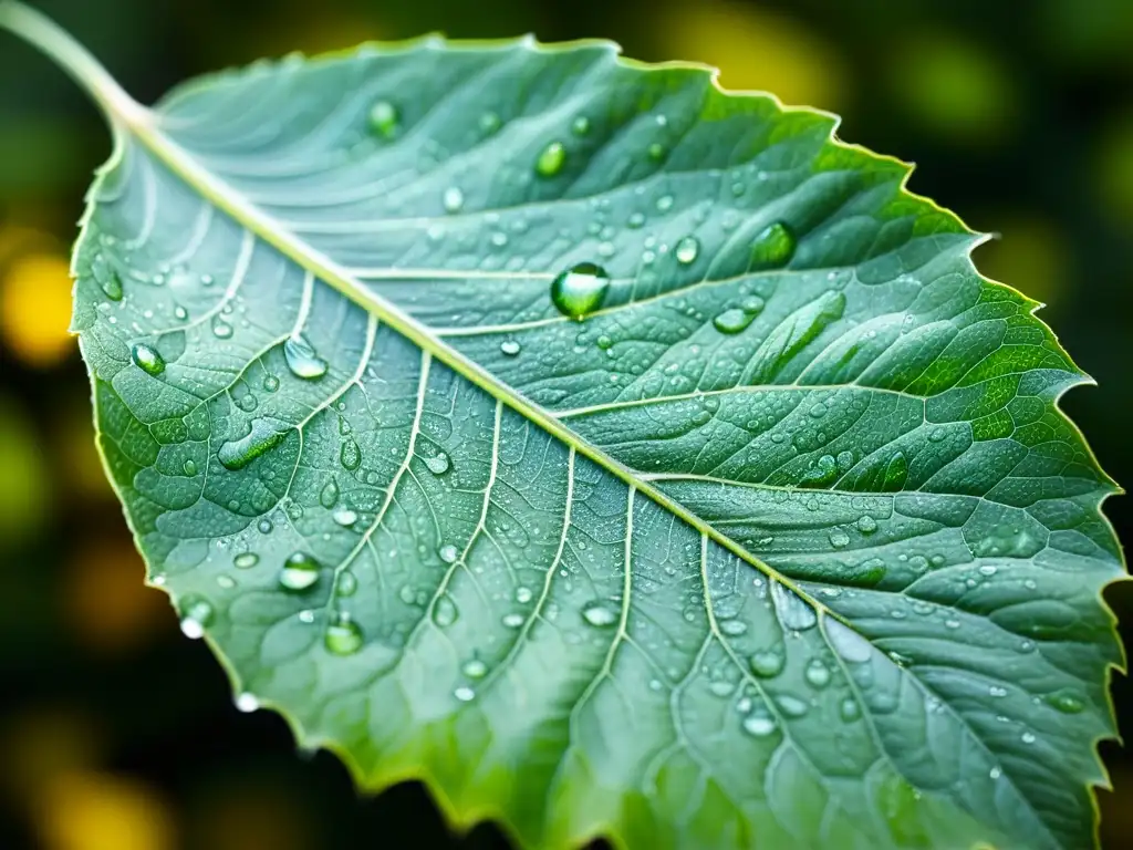 Detalles asombrosos de una hoja verde exuberante con gotas de agua, resaltando la belleza natural