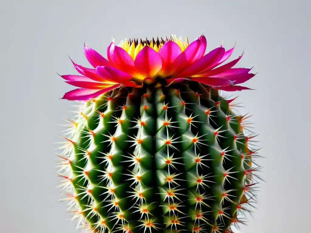 Detalles asombrosos de un pequeño cactus Echinopsis con flores rosadas vibrantes en un fondo blanco, evocando calma y serenidad