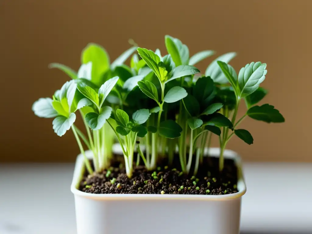 Detalles asombrosos de plántulas de cilantro recién brotadas en un tiesto interior