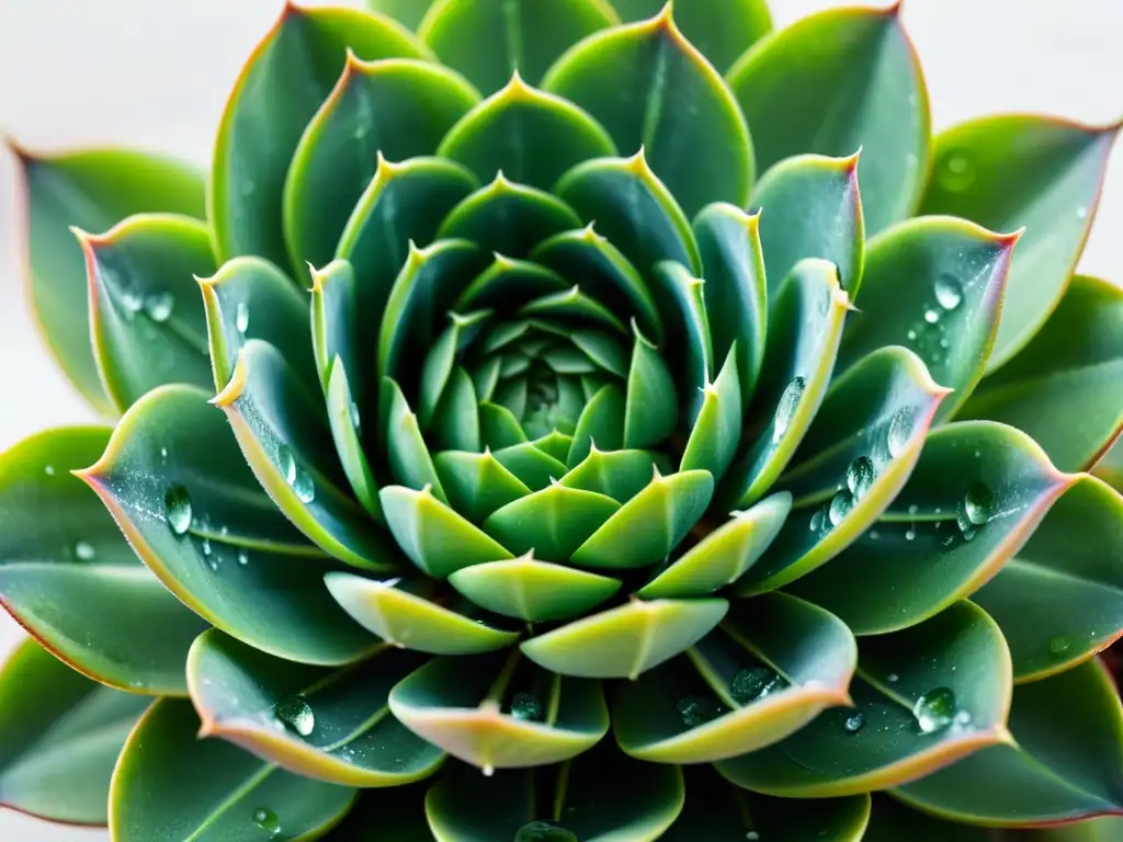 Detalles asombrosos de una suculenta verde con gotas de agua, resaltando la belleza natural