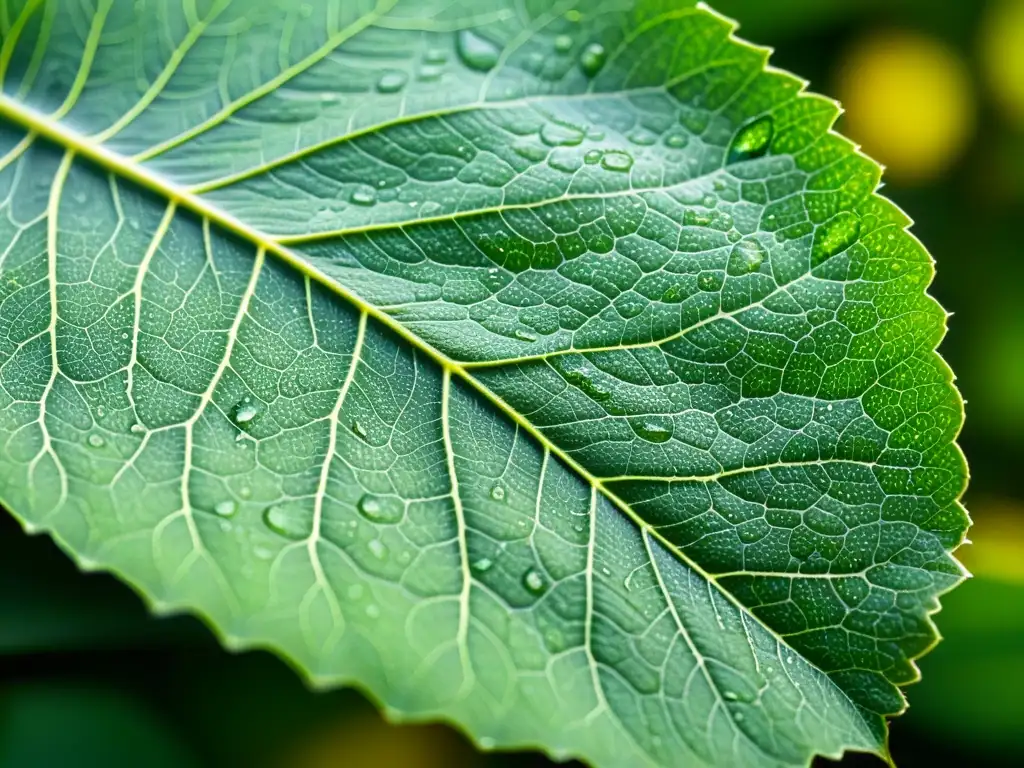 Detalles asombrosos de venas en hoja verde, iluminada por luz natural