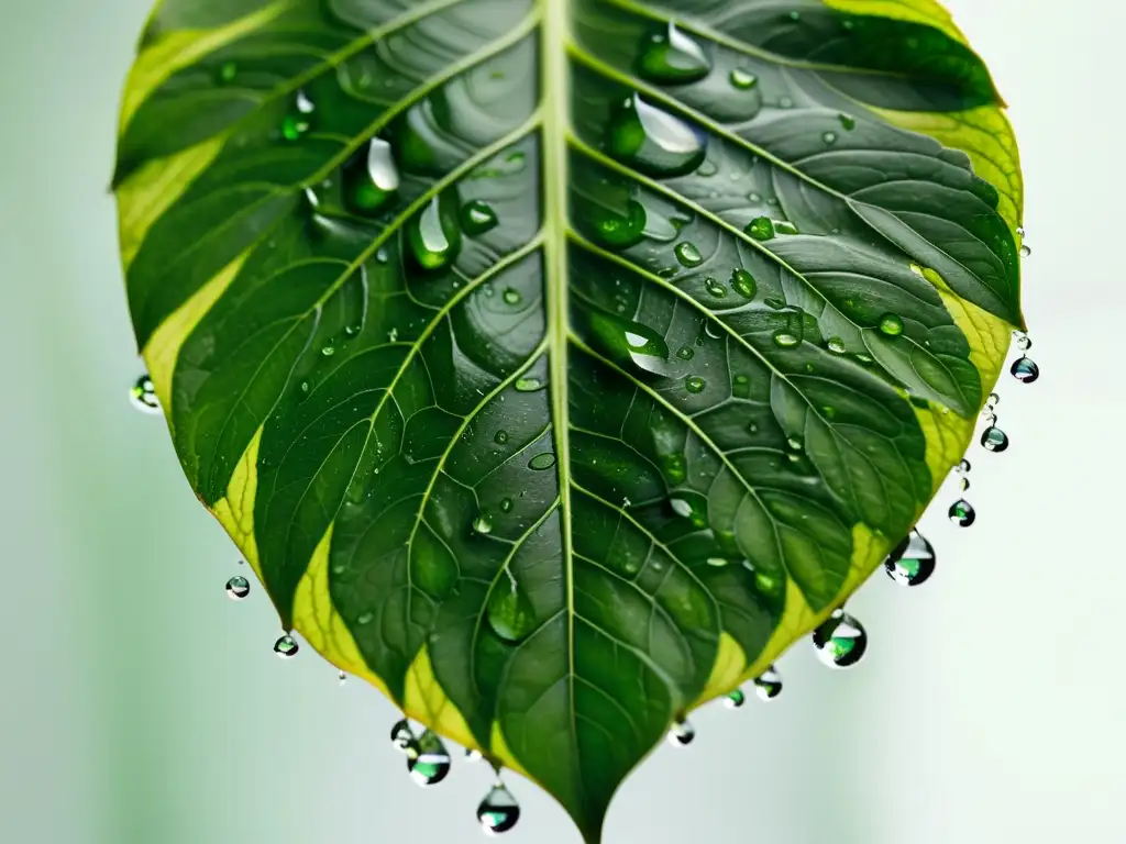 Detalles delicados de una hoja de planta en primer plano, con texturas visibles y gotas de agua