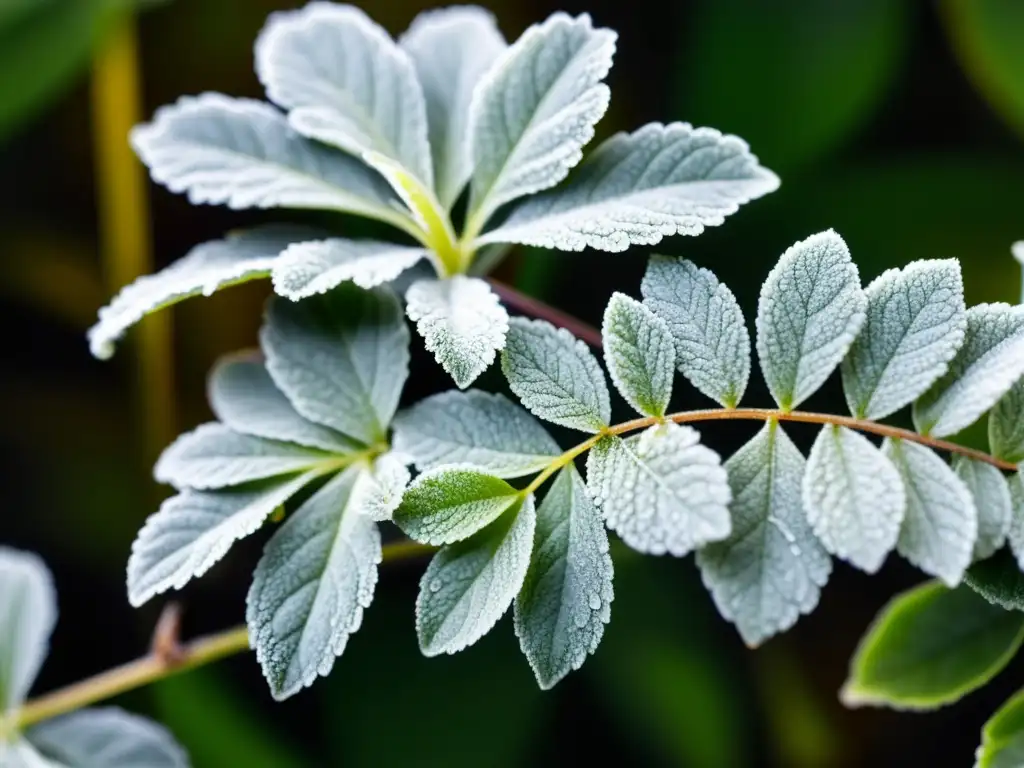 Detalles detallados del moho gris cubriendo hojas y tallos de planta de interior