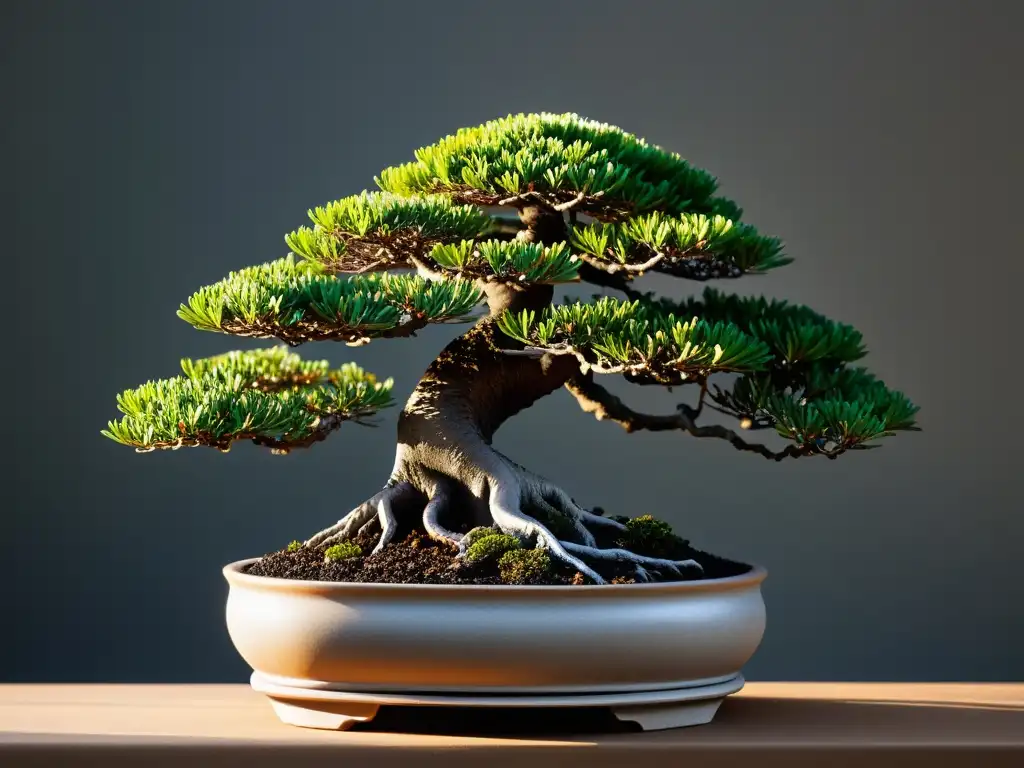 Detalles exquisitos del cultivo de bonsái en interiores, con árbol podado bellamente en una maceta elegante