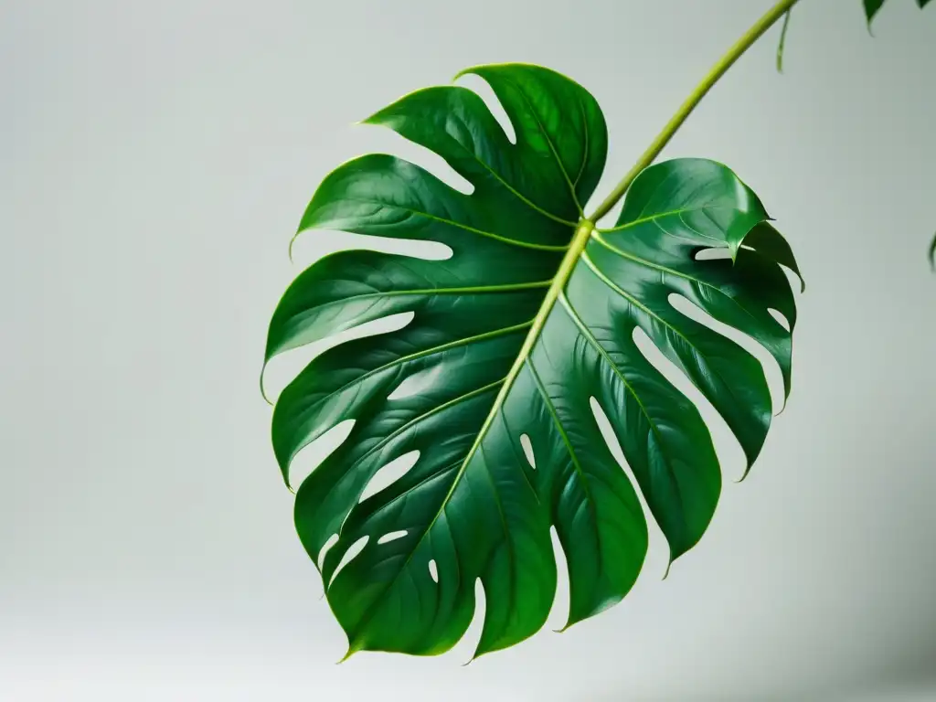 Detalles exquisitos de una hoja de monstera deliciosa en un fondo blanco, transmitiendo calma y belleza natural en el cuidado de plantas de interior