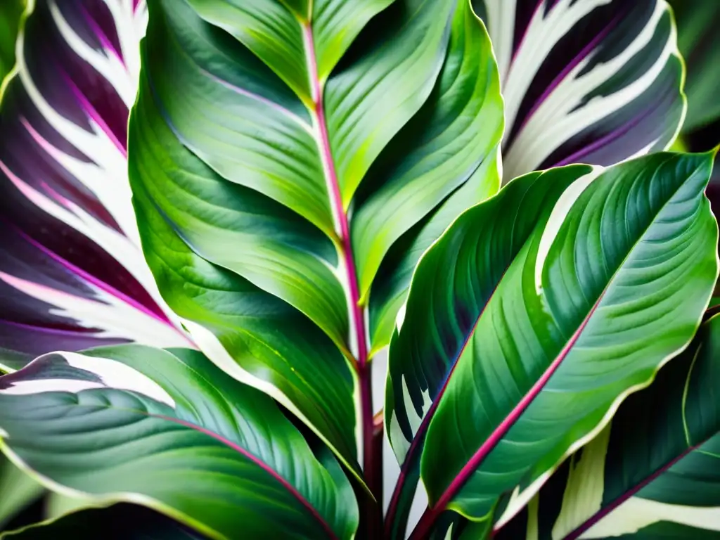 Detalles exquisitos de la planta Calathea en alta resolución, evocando calma y serenidad