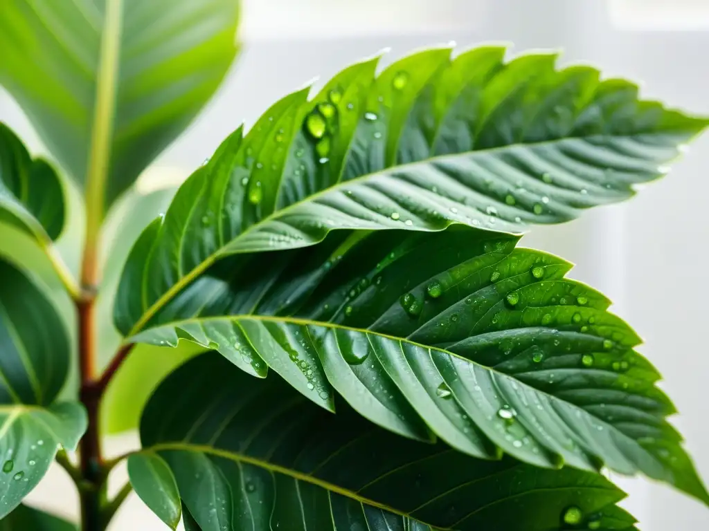 Detalles exquisitos de una planta de interior verde y exuberante, con gotas de agua brillando al sol