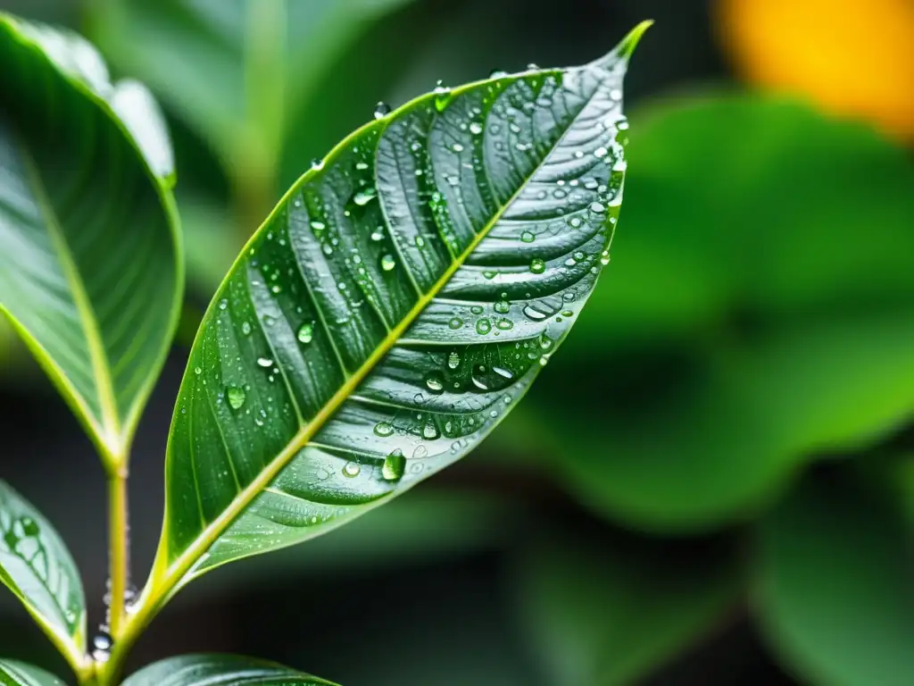 Detalles exquisitos de una planta de interior verde con gotas de agua, resaltando la importancia de regar en el momento adecuado