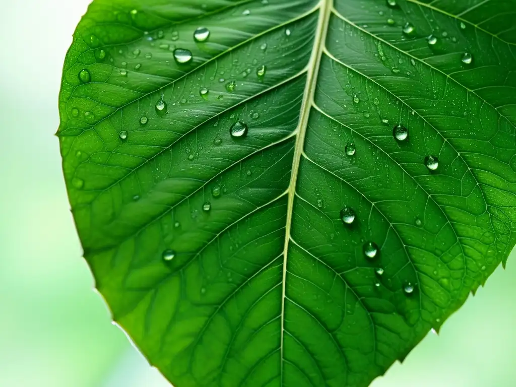 Detalles de una exuberante hoja verde en suave luz natural, maximizar fotosíntesis plantas interior