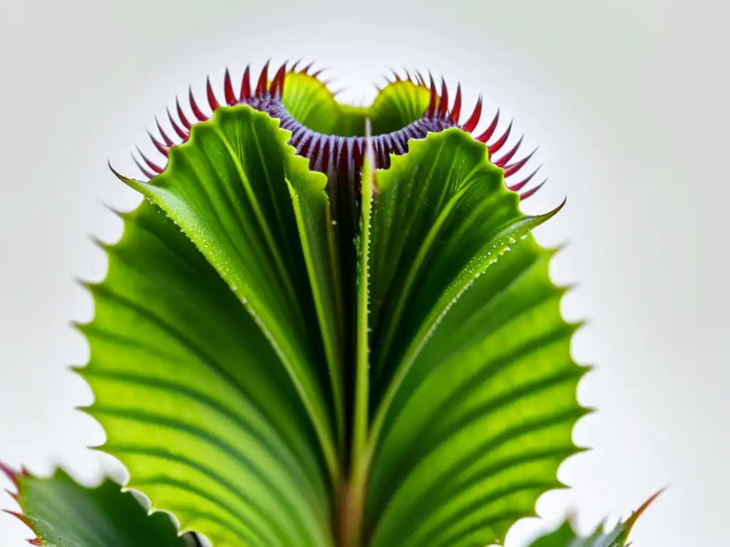 Detalles de una exuberante planta de Venus atrapamoscas en alta resolución, con sus delicadas trampas capturando insectos